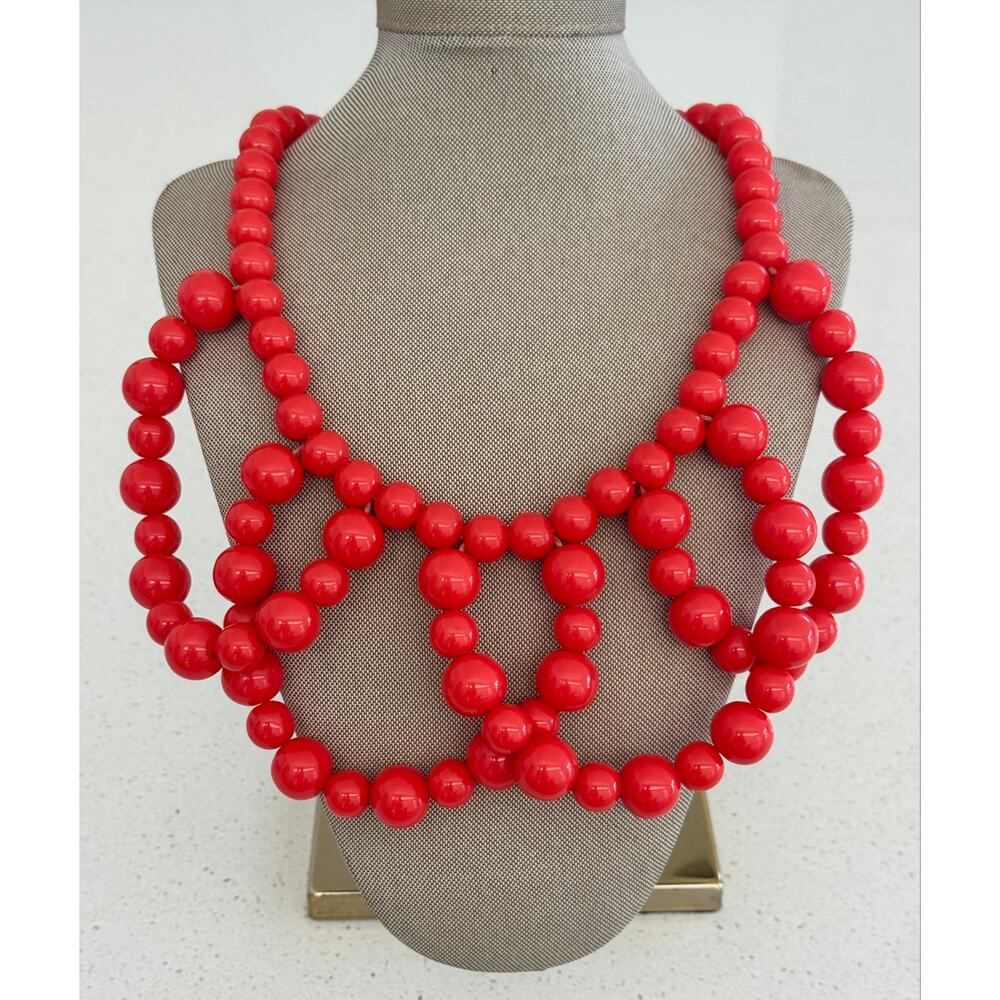 rina Turk Vibrant Red Chunky Beaded Bib Statement Necklace Gold Flower Tag
